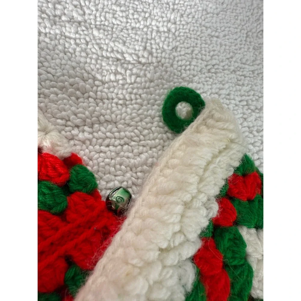 VTG Hand Crocheted Christmas Stockings Red Green White Holly Star Motif Set of 2